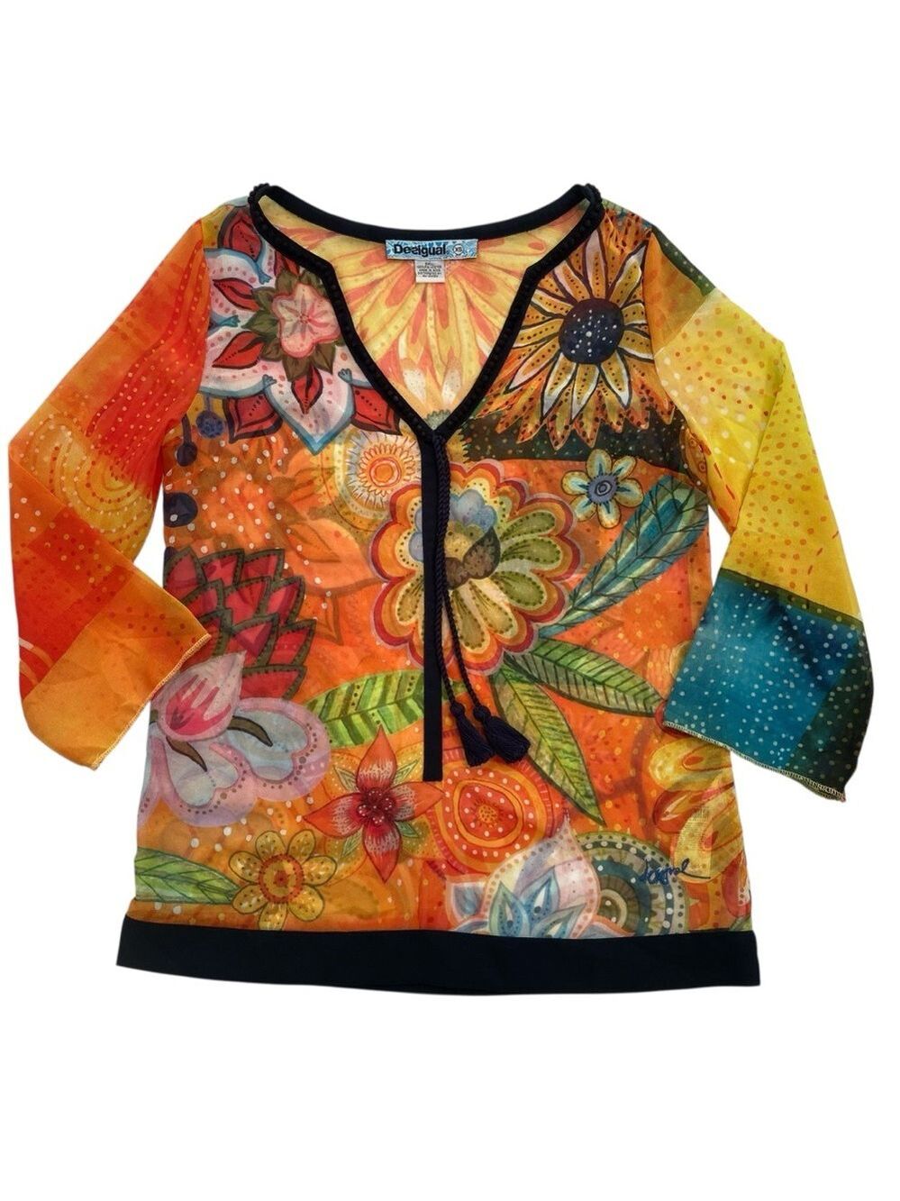 Desigual sheer festive top 3/4 sleeves floral Pom Pom V neckline orange yellow - Picture 3 of 16